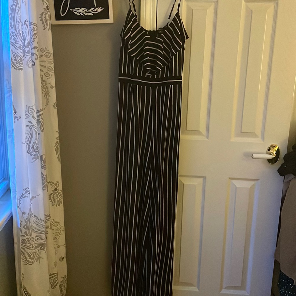 Black and white striped pants suit